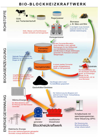 Schematische Darstellung Biogaserzeugung und BHKW (Autor: Vincent von Kries)